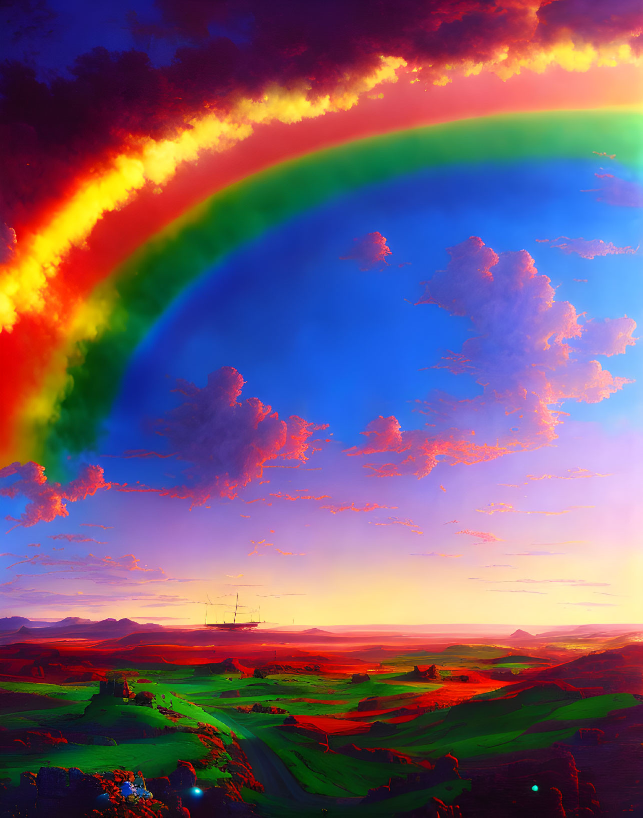 Colorful surreal landscape with rainbow, wind turbines, and mountains