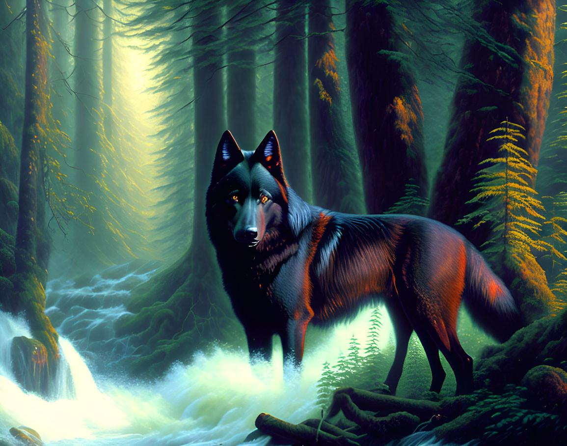 Black wolf by stream in mystical forest with sunlight.