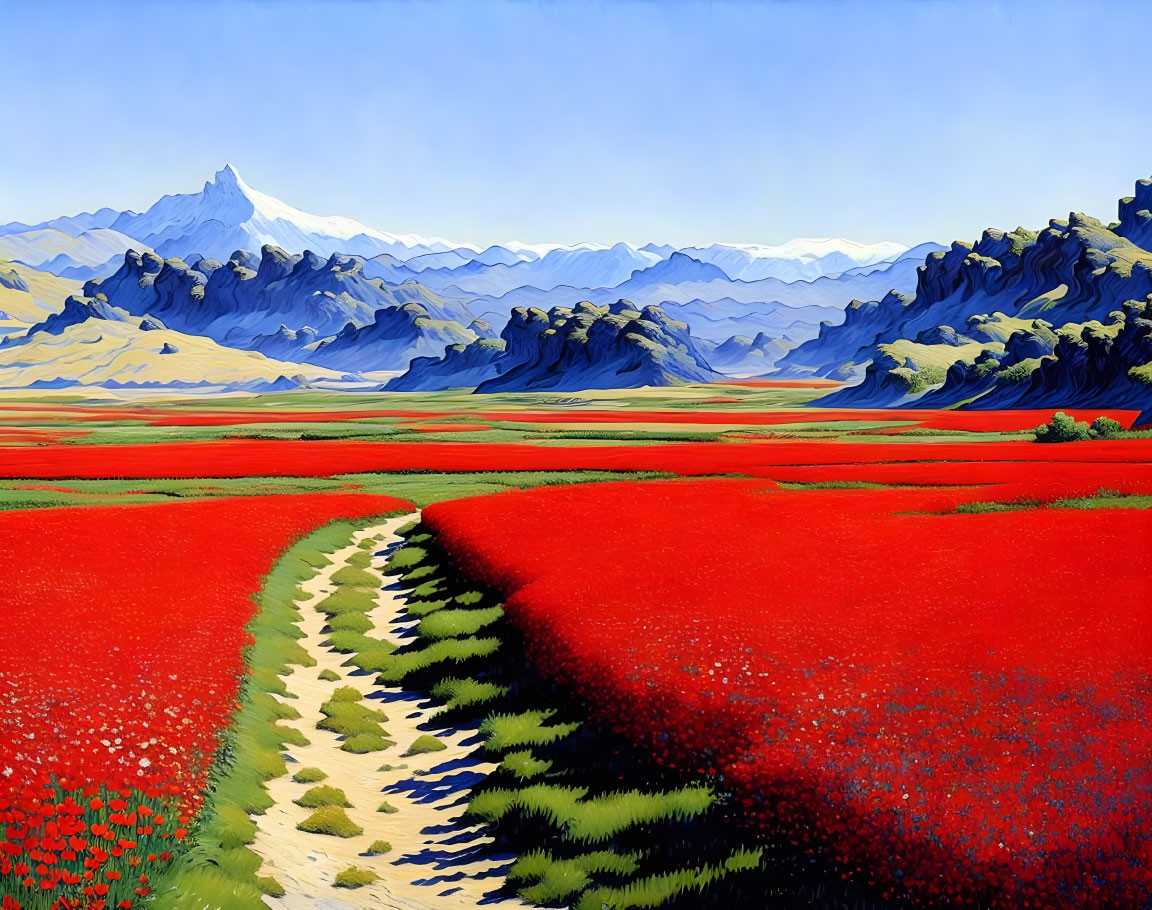 Scenic red poppy fields with dirt path and distant blue mountains