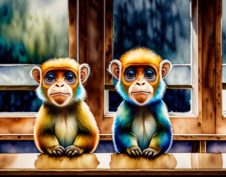 Colorful Stylized Monkeys Sitting with Blurred Window Background