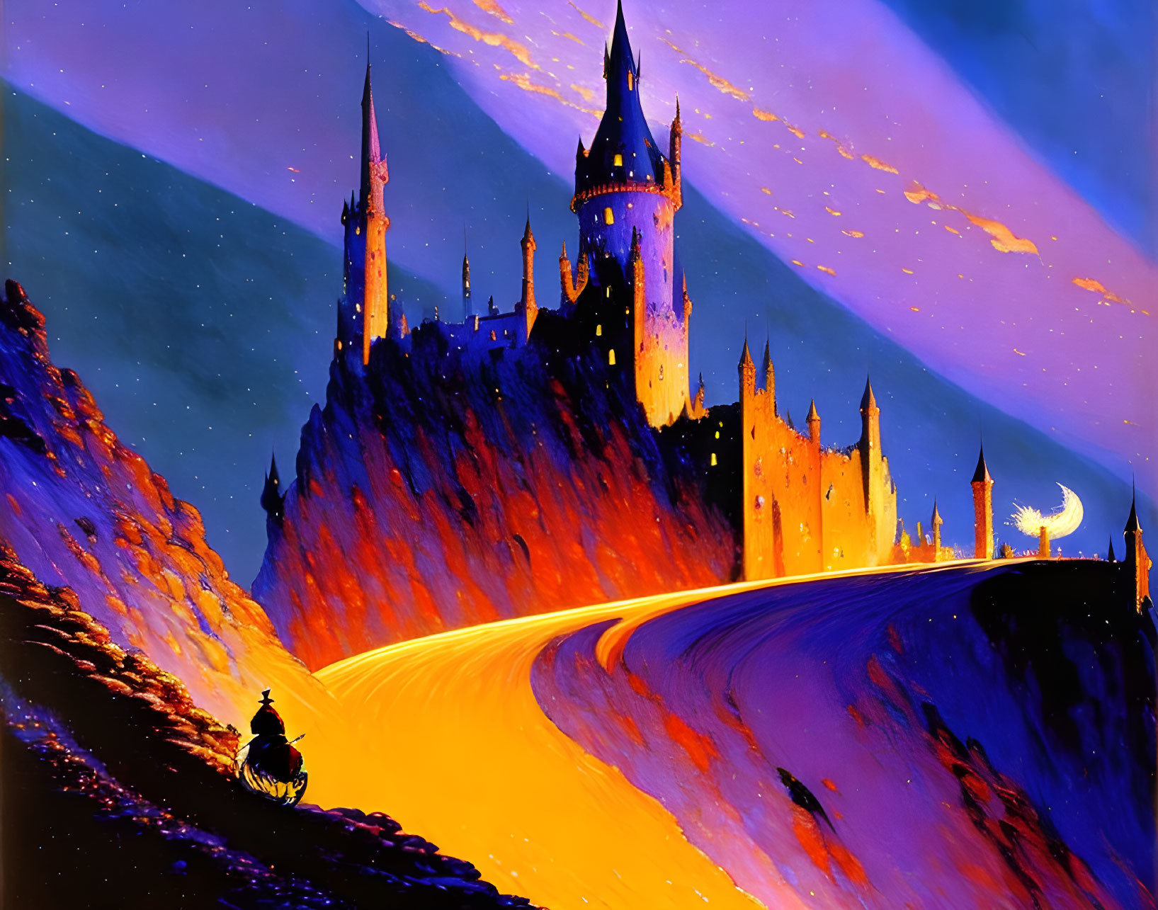 Digital artwork: Castle on hill, orange road, twilight sky, figure on bicycle