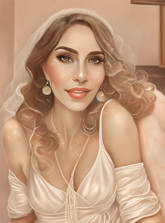 Stylized portrait of woman in white dress with pearls