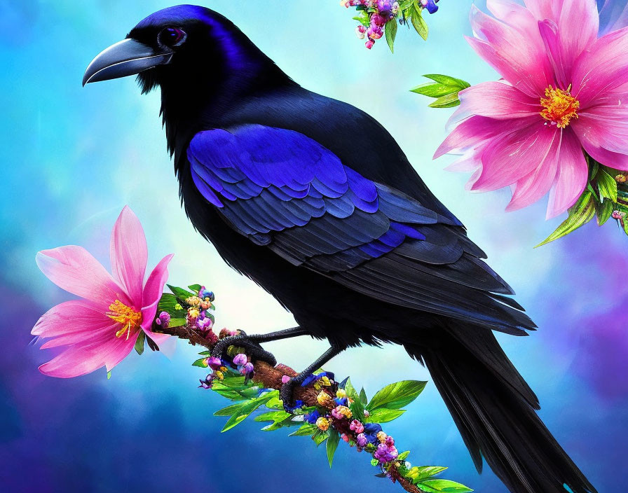 Black raven with hints of blue among pink flowers on a branch.