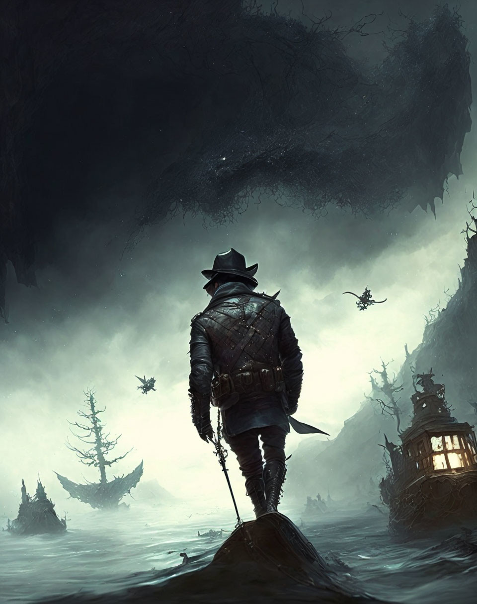 Mysterious figure in wide-brimmed hat in eerie swamp setting