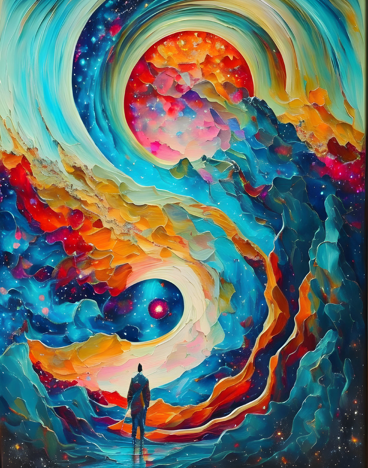 Person observing vibrant cosmic swirl of stars and colors