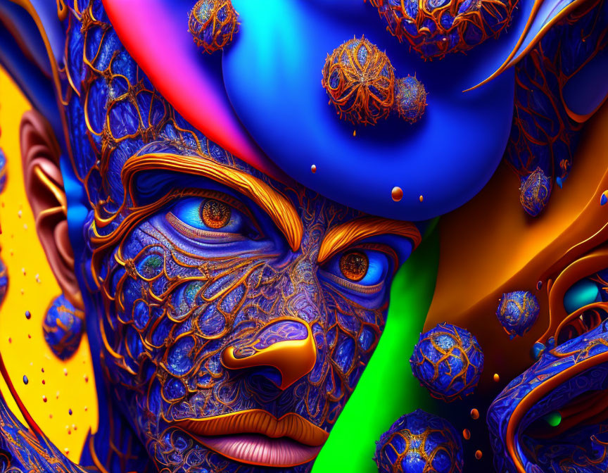 Colorful digital artwork: Fantastical face with intricate patterns in blue, purple, orange, and