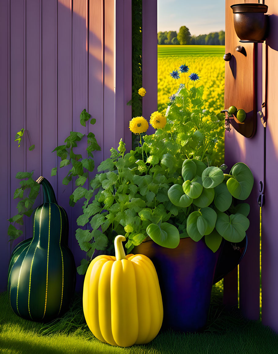 Vibrant pumpkins near wooden door with plants, flowers, and sunny field view.