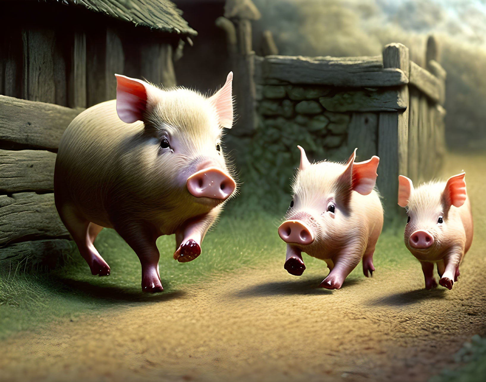 Three cartoon pigs running in a fairy tale setting