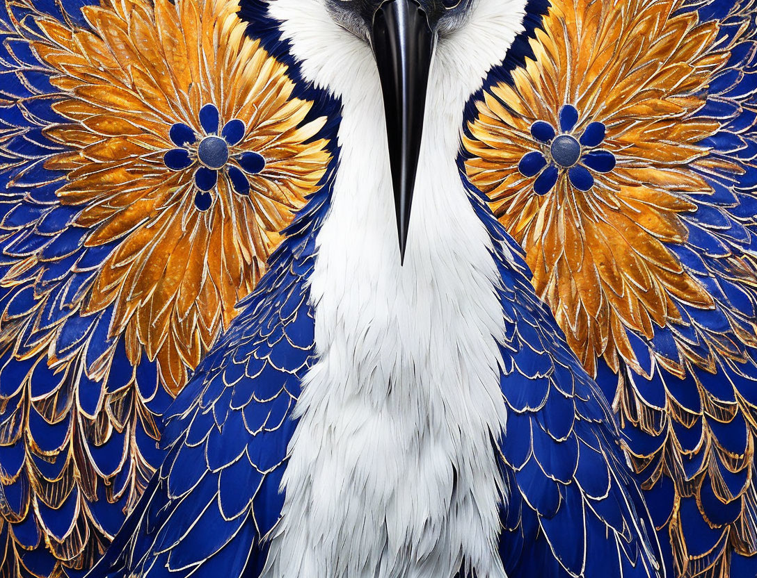 Majestic bird with vibrant blue feathers and golden patterns