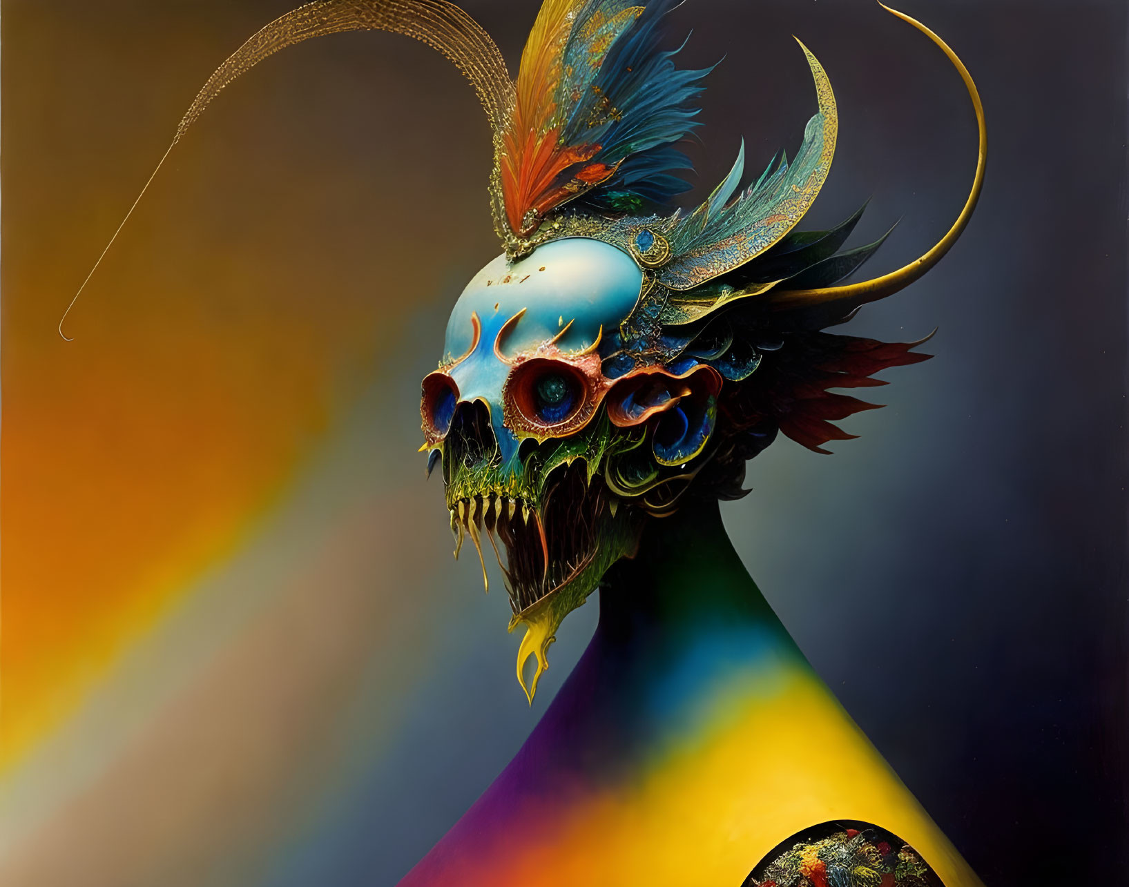 Colorful surreal skull with feathers and decorations on gradient backdrop