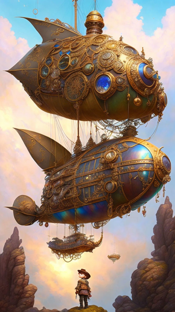 Intricate steampunk airship flies above figure on rocky outcrop