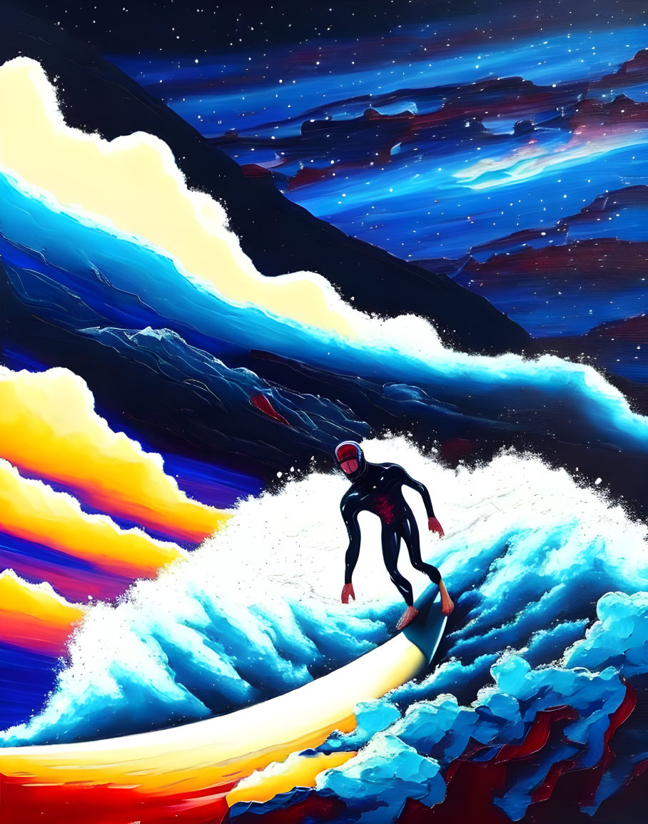 Surfer rides glowing wave under starry sky at night