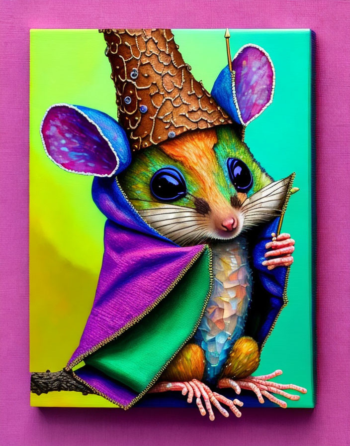 Whimsical animal with mouse-like features in cape and acorn hat on pink and green background