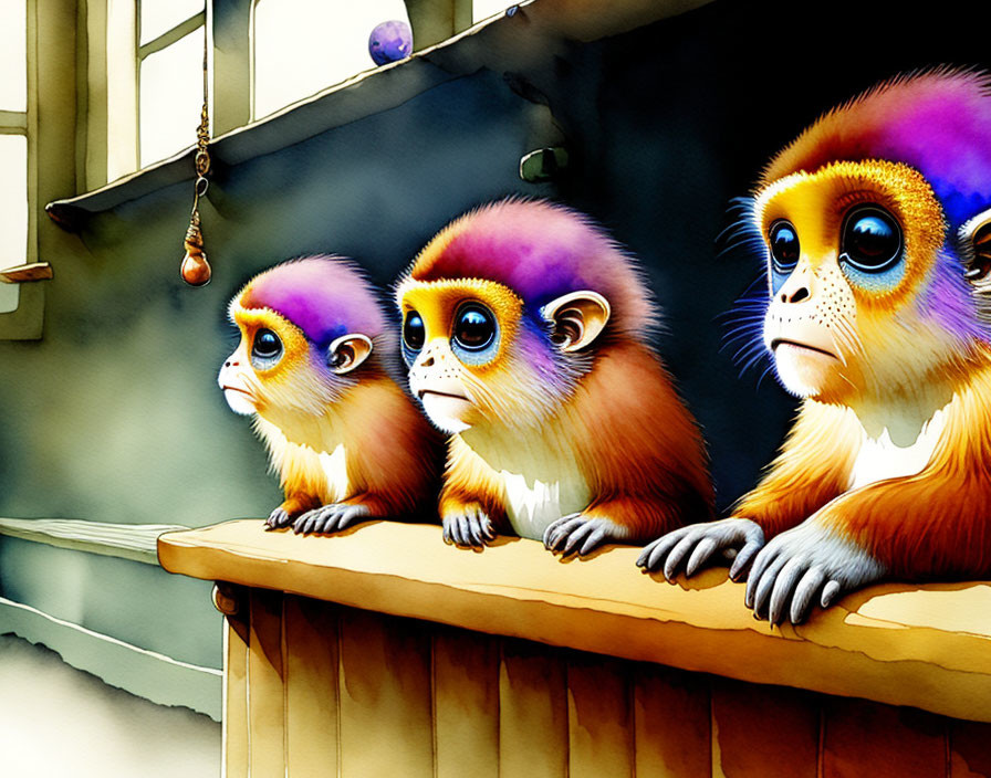 Three Colorful Cartoon Monkeys Sitting on Ledge