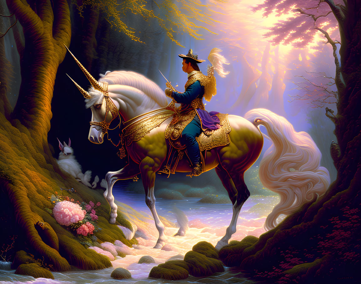 Knight in golden armor riding white unicorn through forest stream at sunset with watching cat.