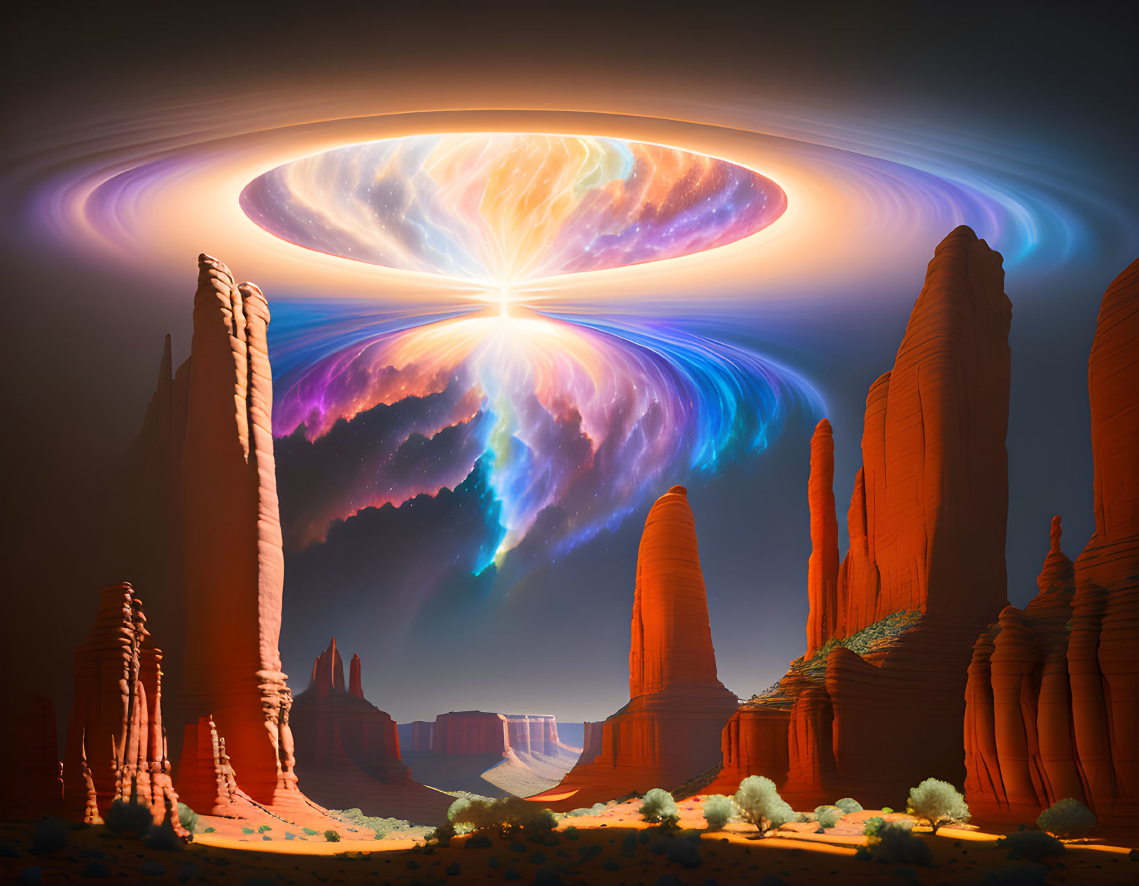 Colorful cosmic event over desert landscape with red rock formations