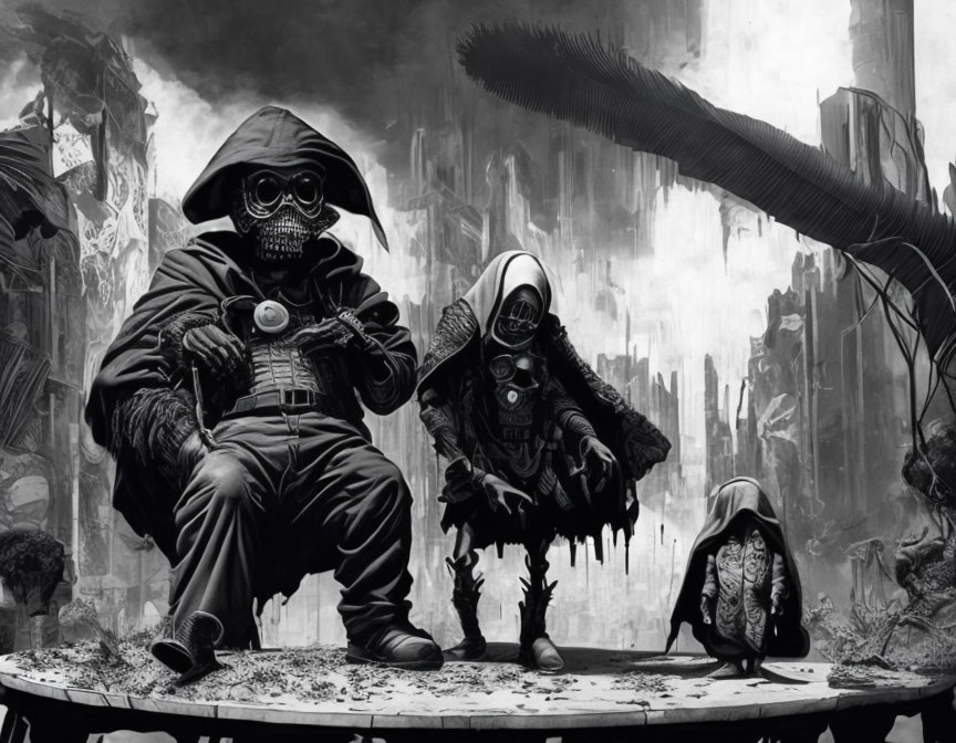 Three figures in skull masks and futuristic attire in dystopian cityscape.