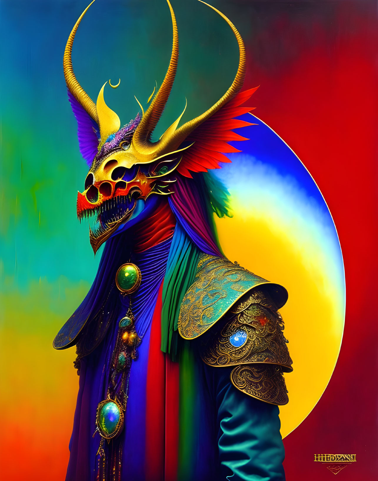 Colorful artwork: skull-headed figure with antlers, beaked mask, cloak, and armor against