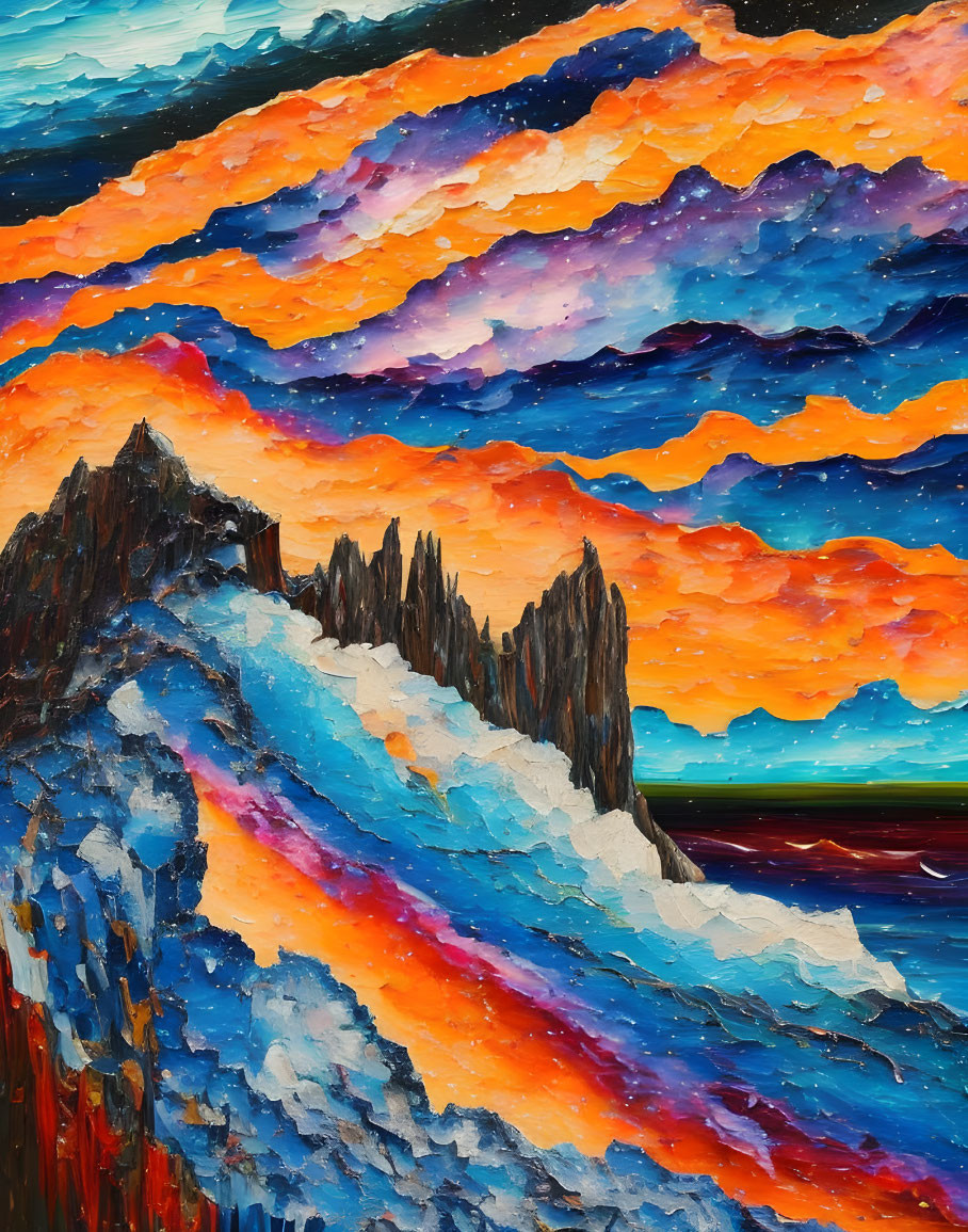 Colorful Mountain Ridge Painting with Dynamic Sky