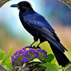 Colorful flowers and black raven on branch in mystical forest