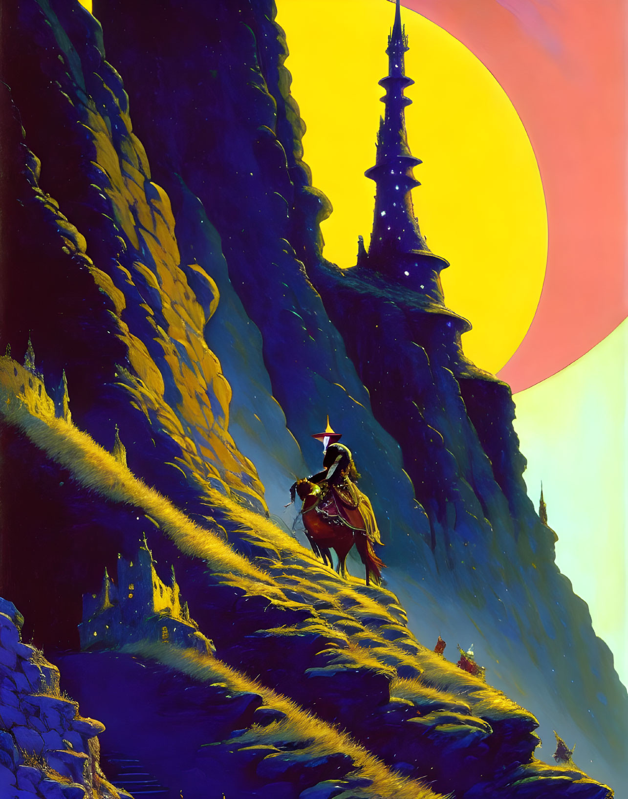 Knight on Horseback Ascending Steep Mountain Path towards Towering Spire