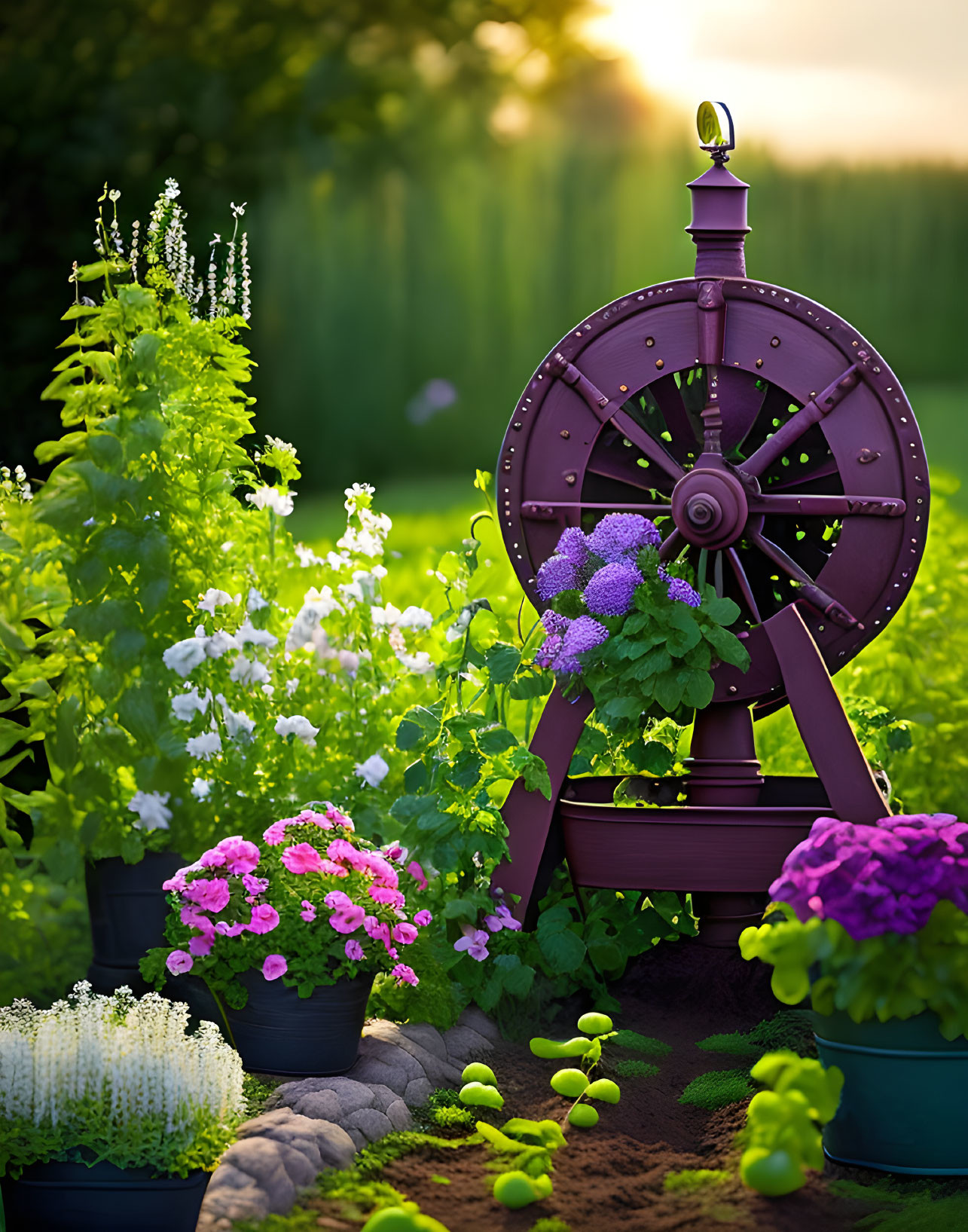 Rustic wooden wheel in vibrant garden setting