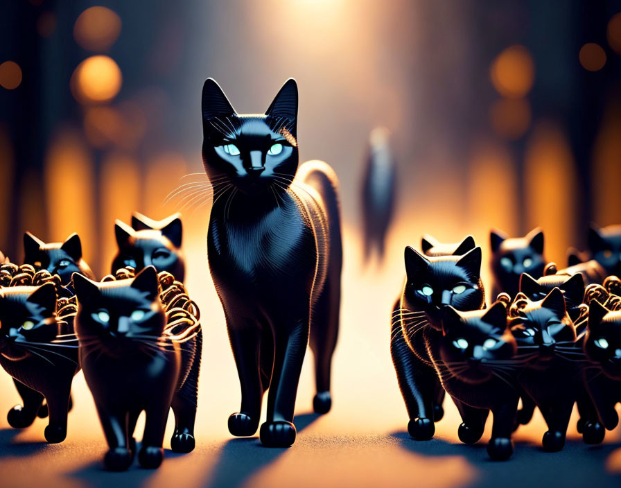 Stylized black cats with glowing edges in dark alley