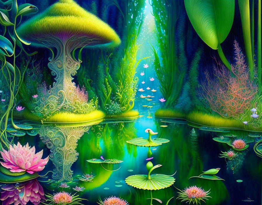 Colorful Landscape with Oversized Luminous Mushroom and Fluttering Butterflies