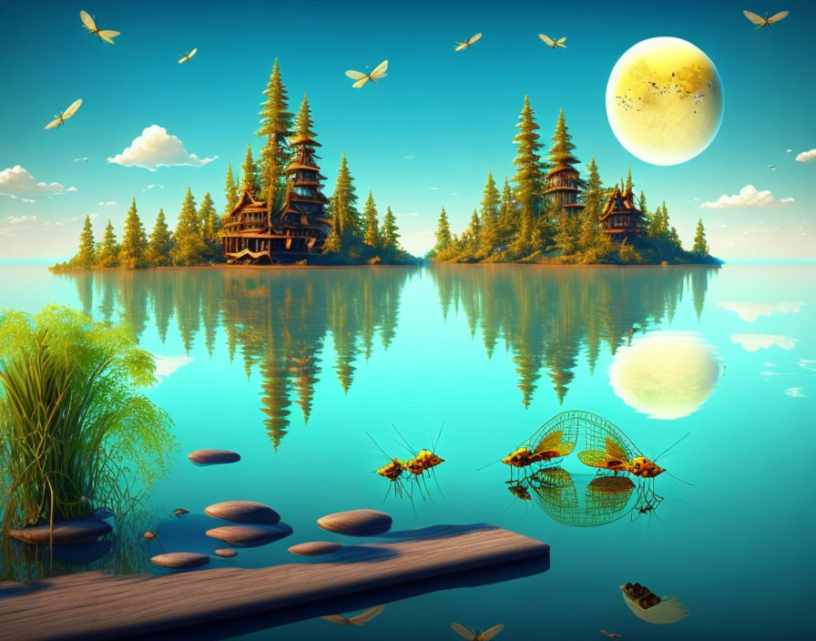 Tranquil lake scene with forested island, cabin, moon, birds, and dragonflies