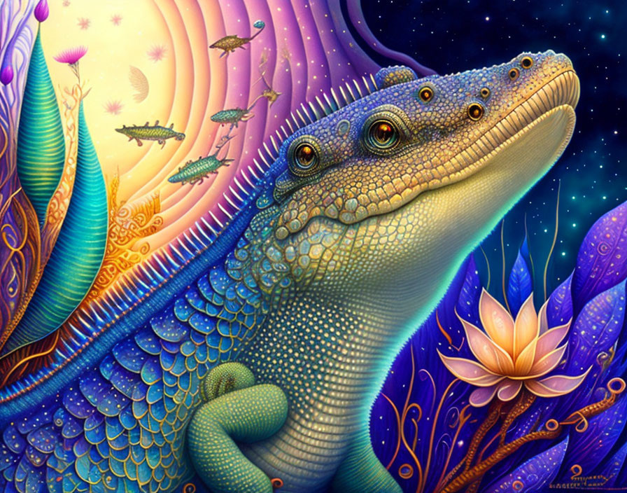 Colorful Stylized Reptile in Whimsical Night Sky Illustration