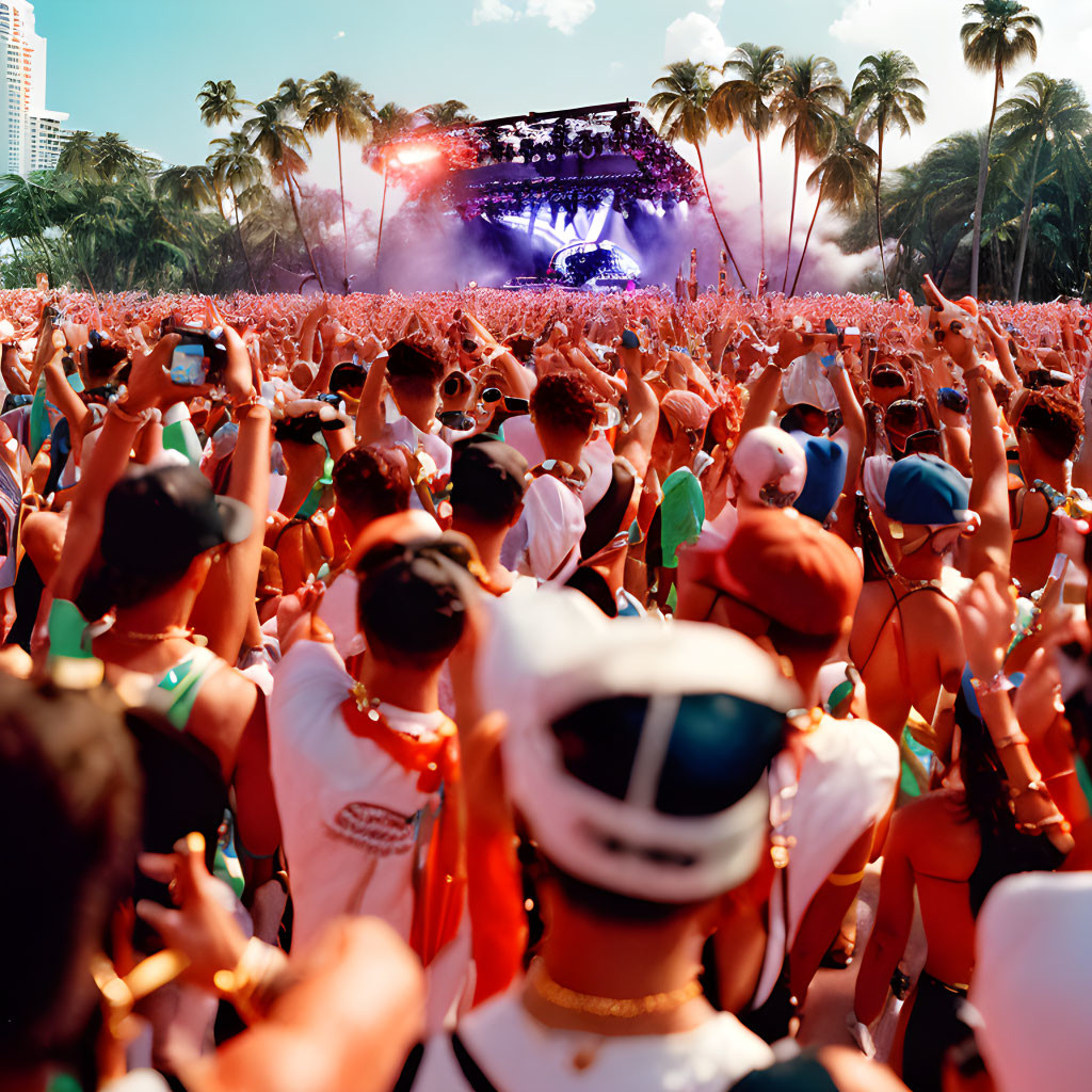 Crowded outdoor music festival with stage, lights, and palm trees