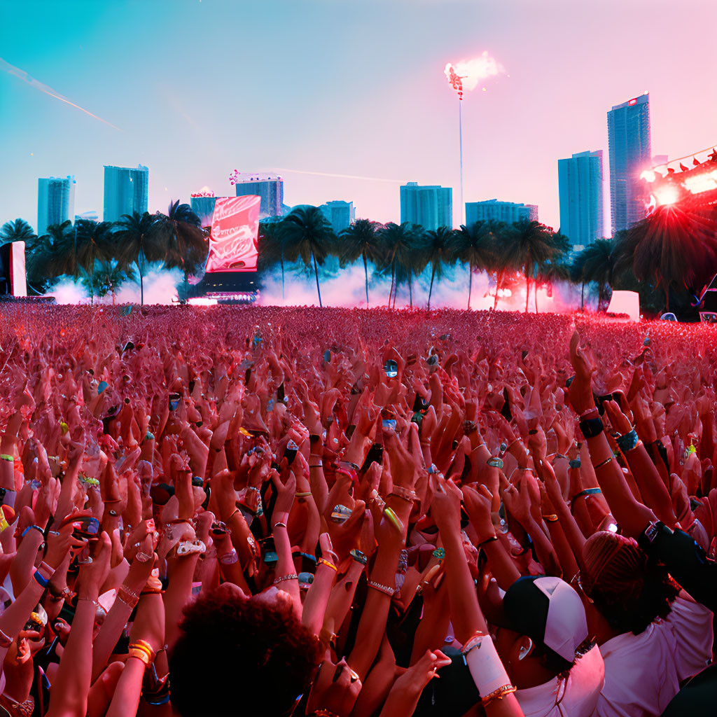 Large crowd at vibrant outdoor festival with city skyline and pink sky