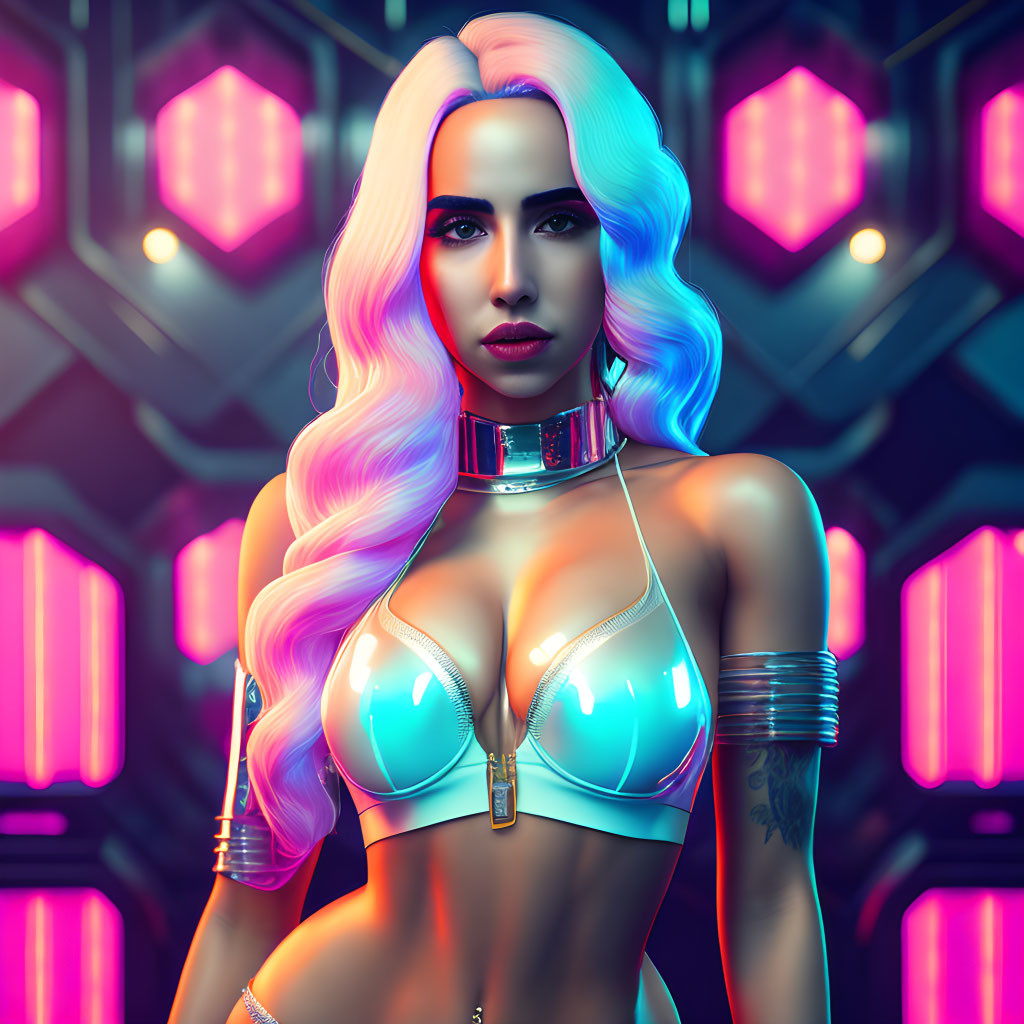 Digital portrait of woman with pink and white hair in futuristic silver attire on neon-lit backdrop