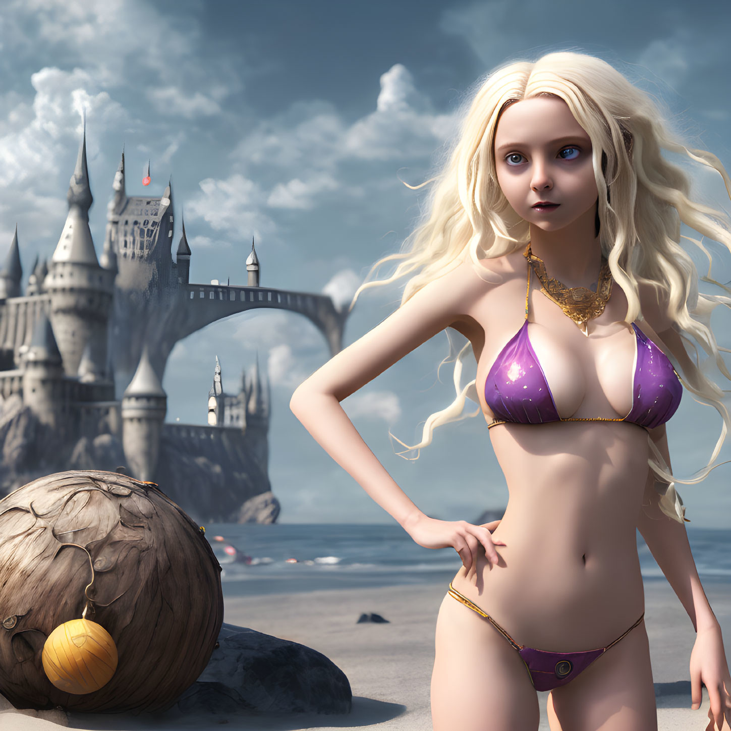 Fantasy digital artwork of woman in purple bikini on beach with castle and cloudy skies