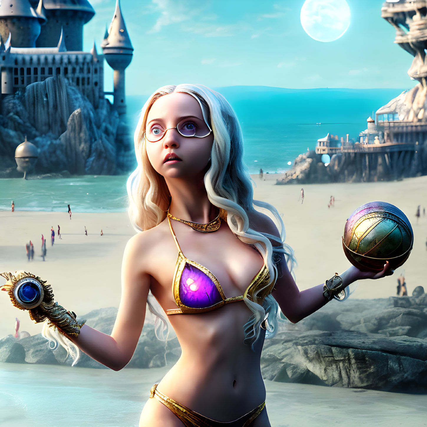 Digital art of woman with large eyes, holding orbs, in golden outfit, with castles, moon