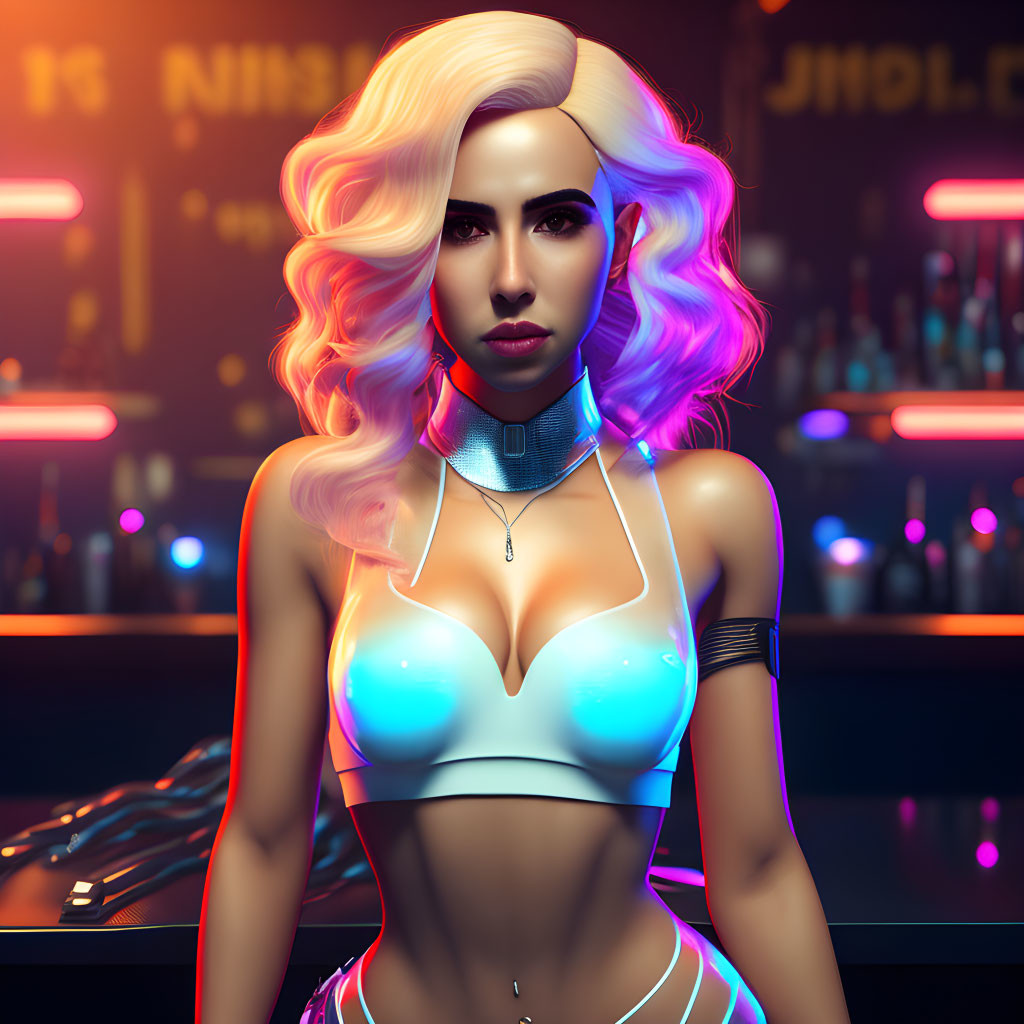 Futuristic woman with white and pink hair in glowing blue outfit in neon-lit bar