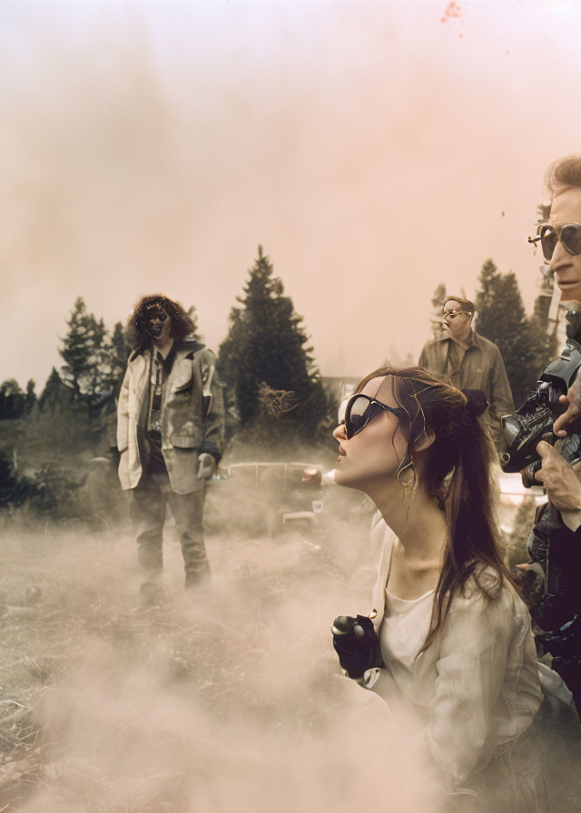 Intense group of people in smoke with forest backdrop, one with camera and another with binoculars