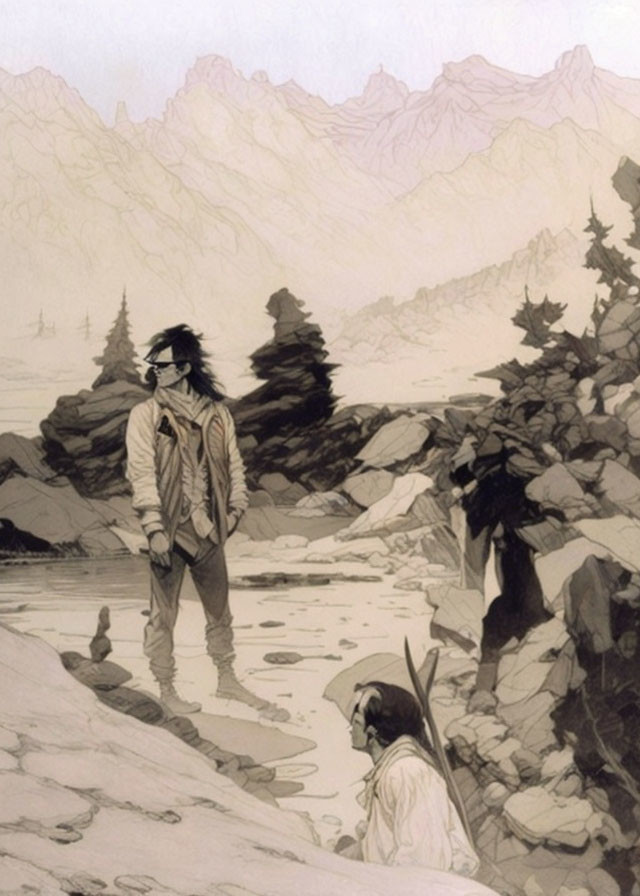 Monochrome illustration of two figures in mountain landscape