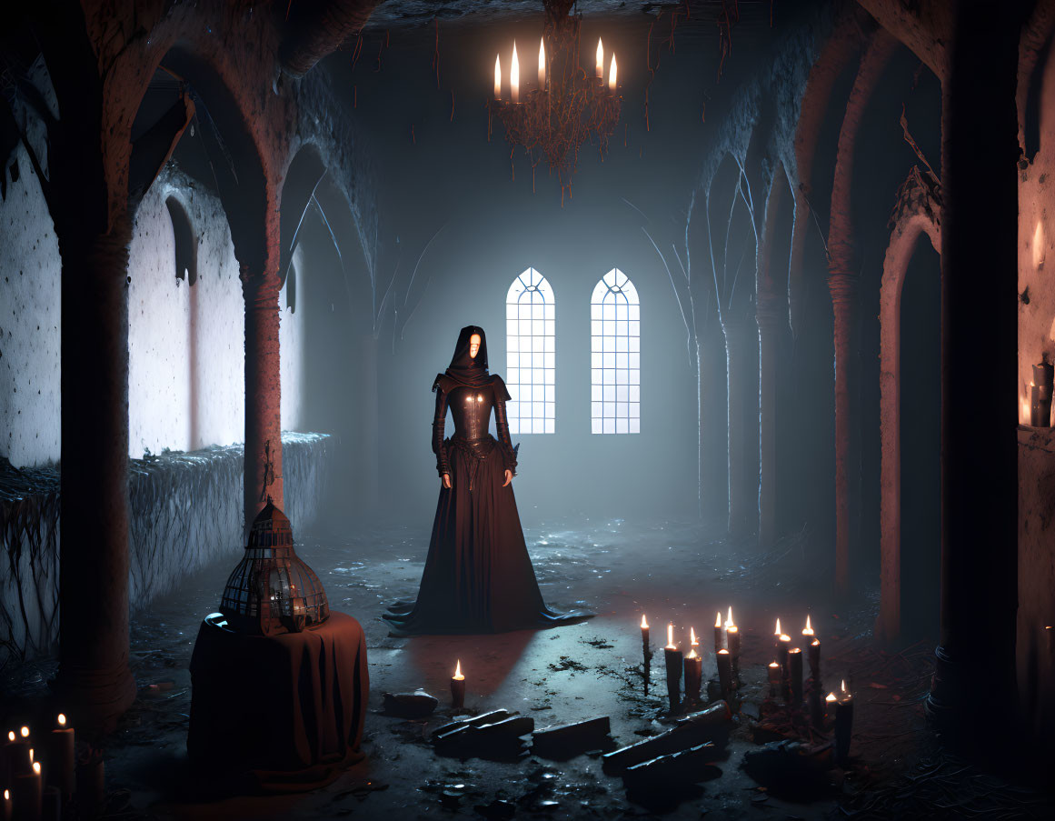 Cloaked Figure in Dim Gothic Hall with Candles