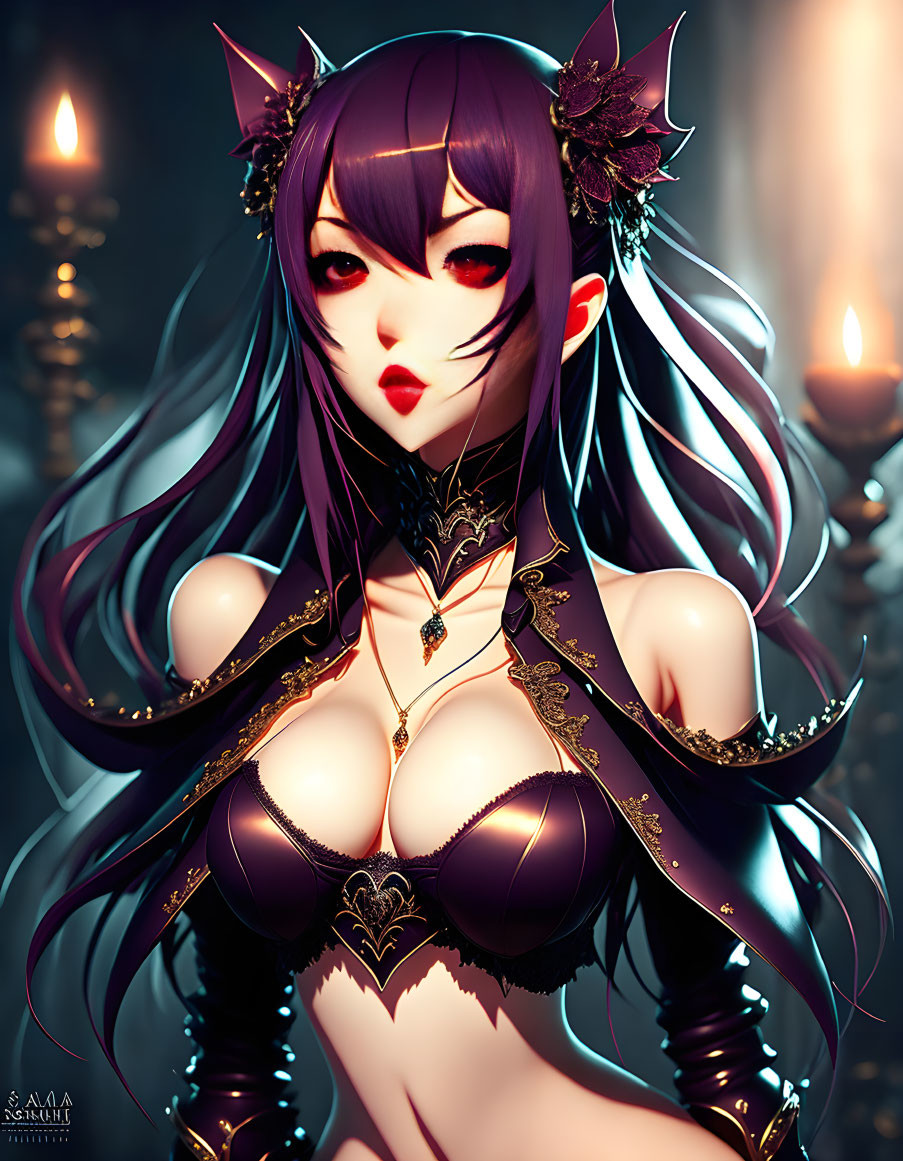 Digital illustration: Female character with purple hair and red eyes in gothic attire, surrounded by candles.