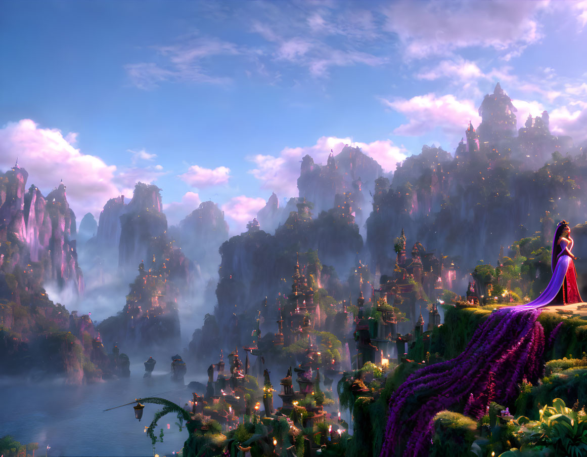 Fantasy landscape with floating islands, waterfalls, lush vegetation, woman in purple dress.