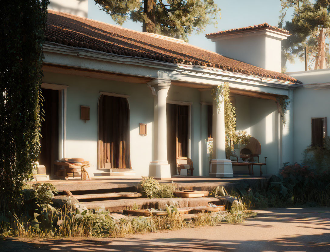 Tranquil suburban home with terracotta roof, porch, columns, and lush greenery