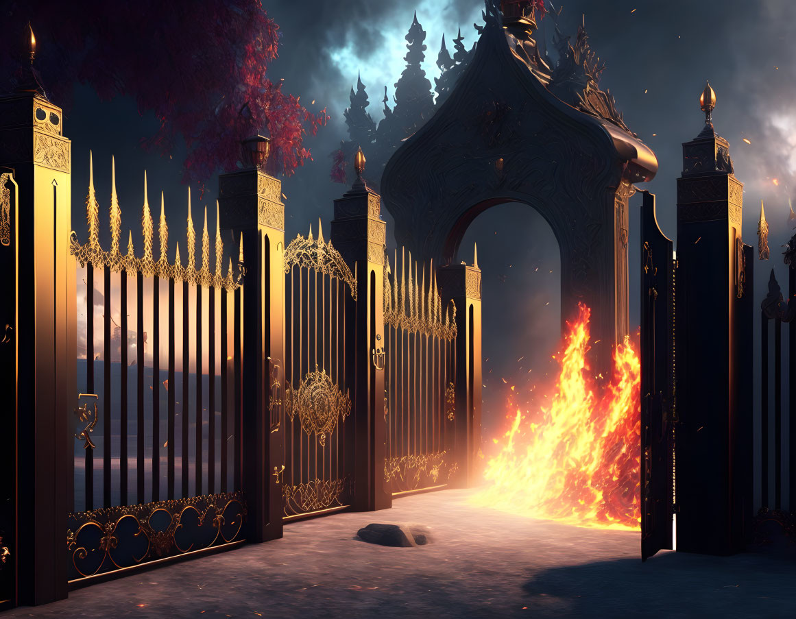 Golden Gates Revealing Mystical Realm with Fiery Portal and Twilight Sky