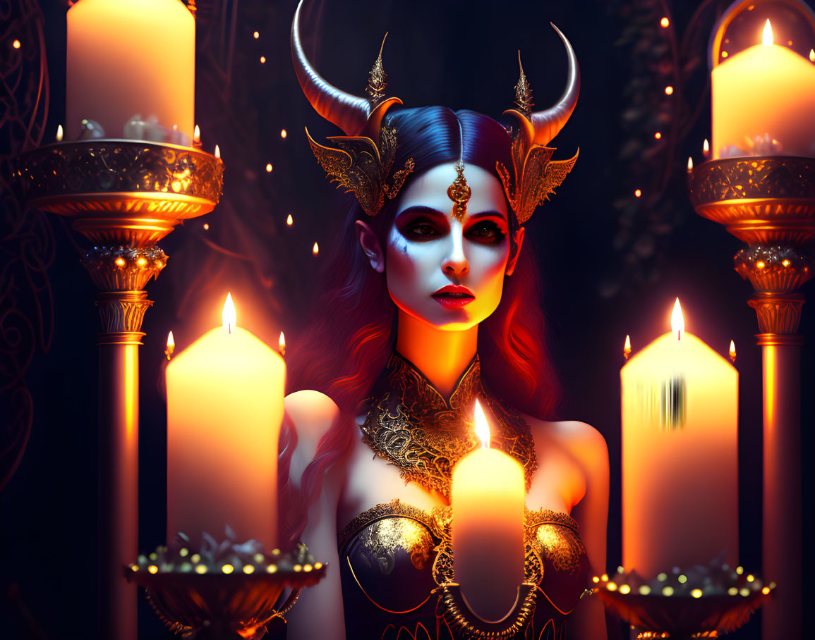 Stylized portrait of woman with horns and golden headpiece in mystical setting