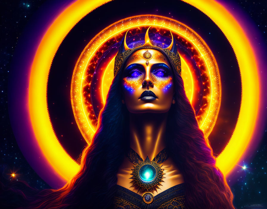 Mystical artwork of woman with glowing blue skin and cosmic rings