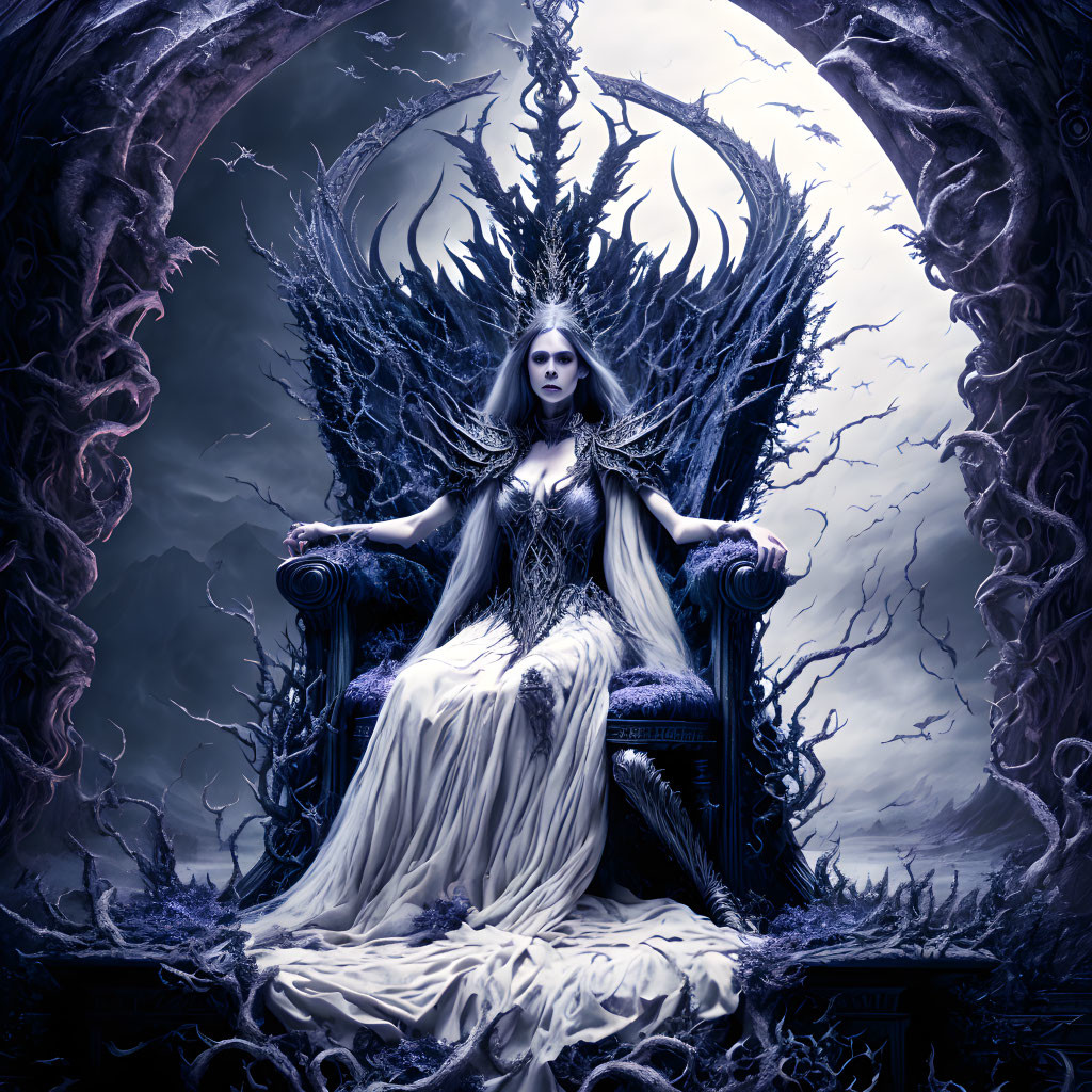 Pale Woman in White Dress on Gothic Throne in Dark Forest