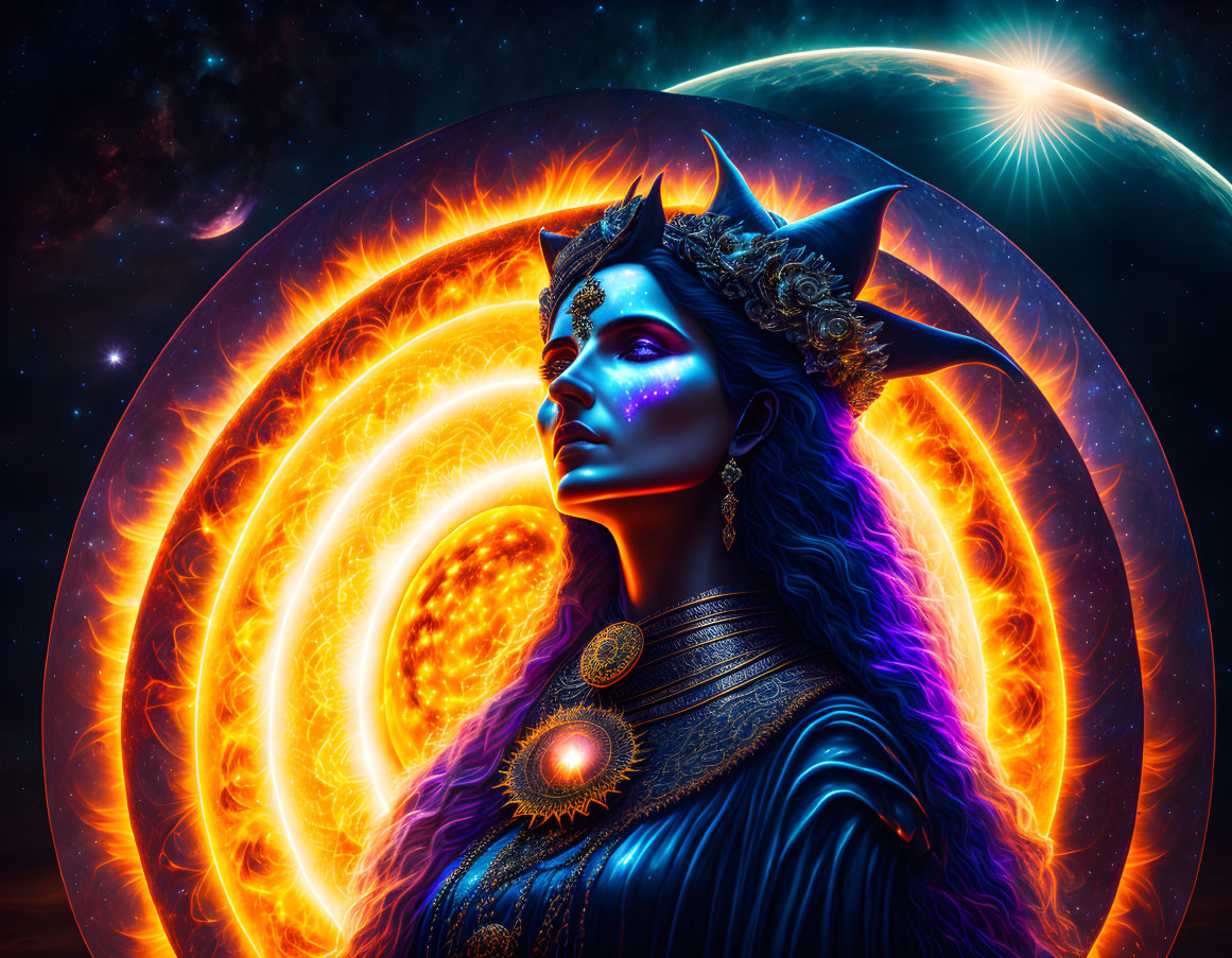 Digital artwork: Female figure with cosmic elements, sun halo, crown, celestial background