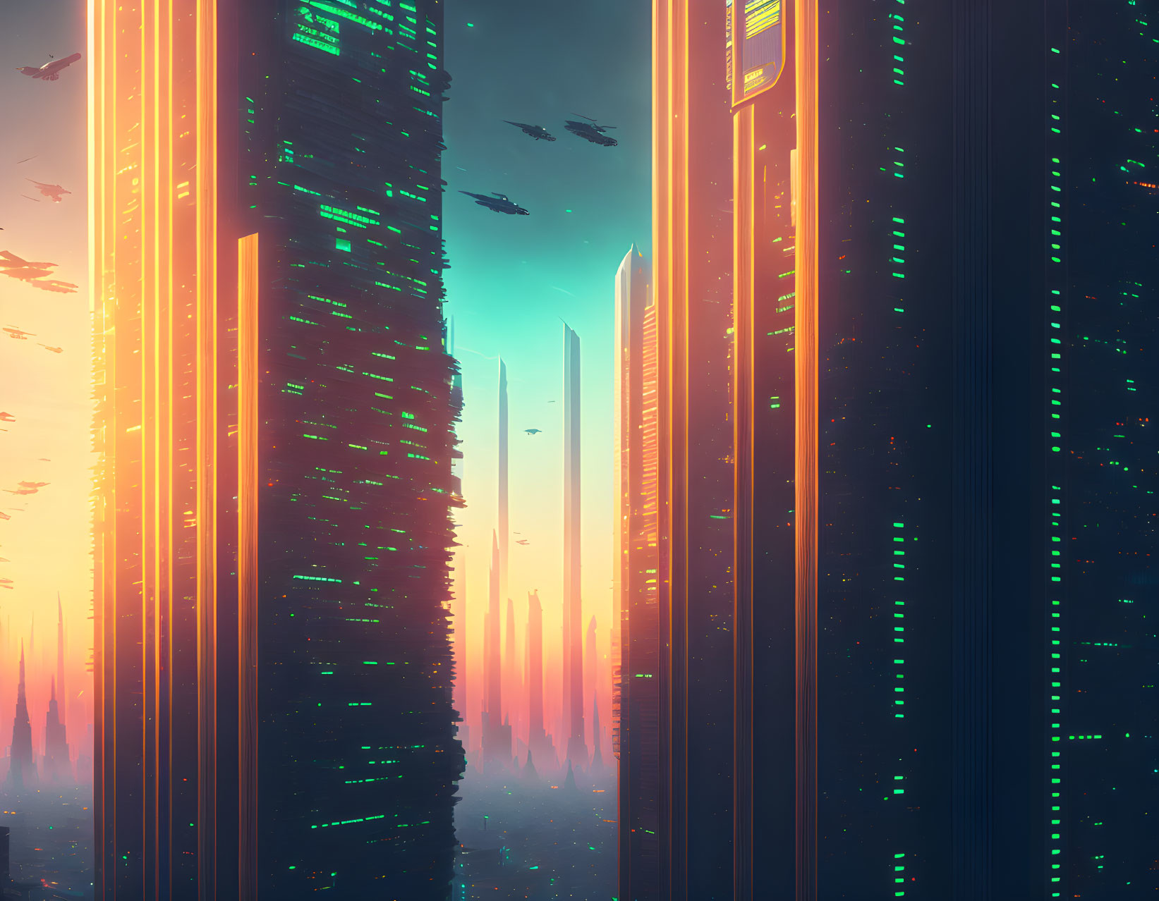 Futuristic Cityscape with Neon-Lit Skyscrapers at Dusk