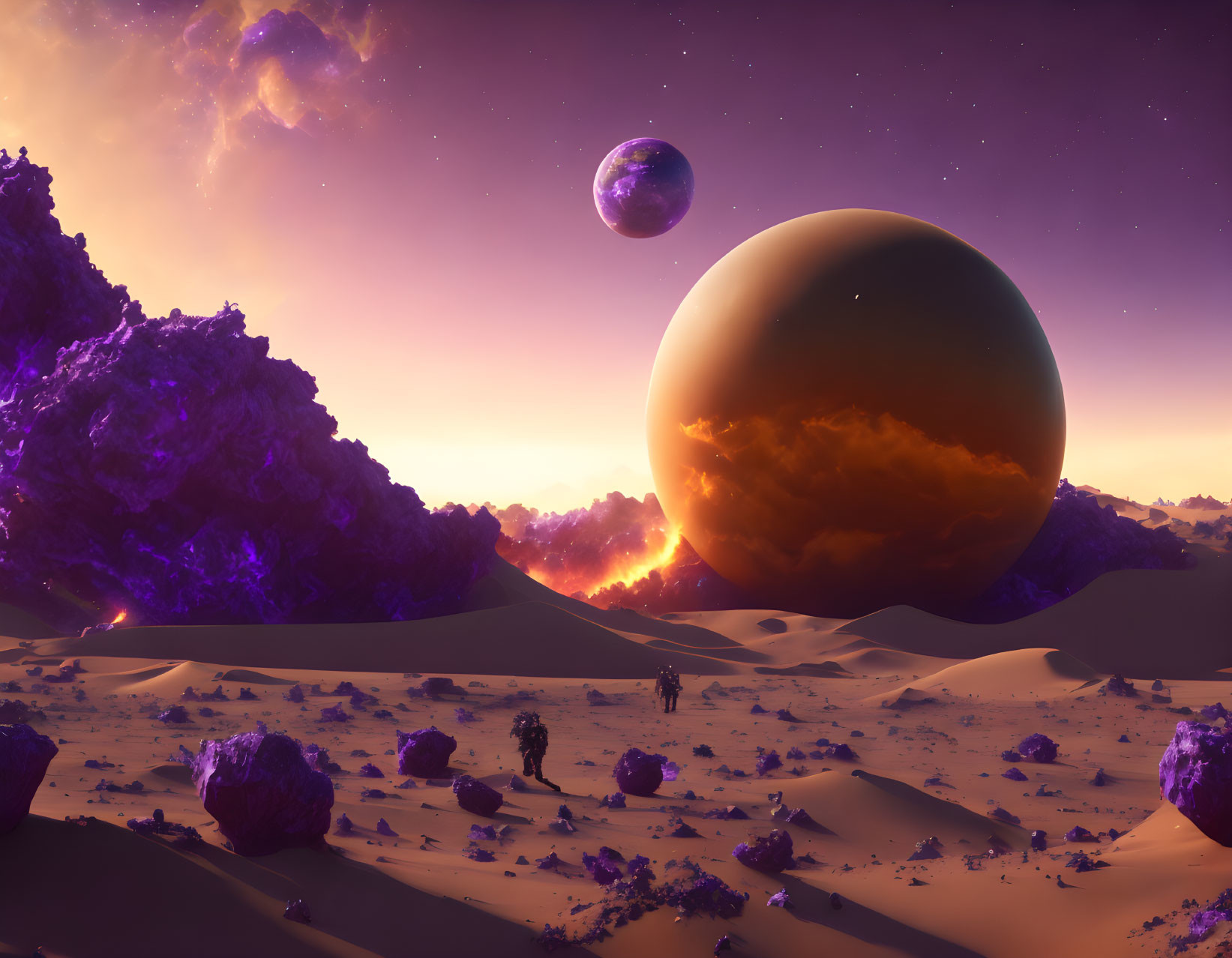 Surreal landscape with purple sky, moons, sandy dunes, and rocky formations