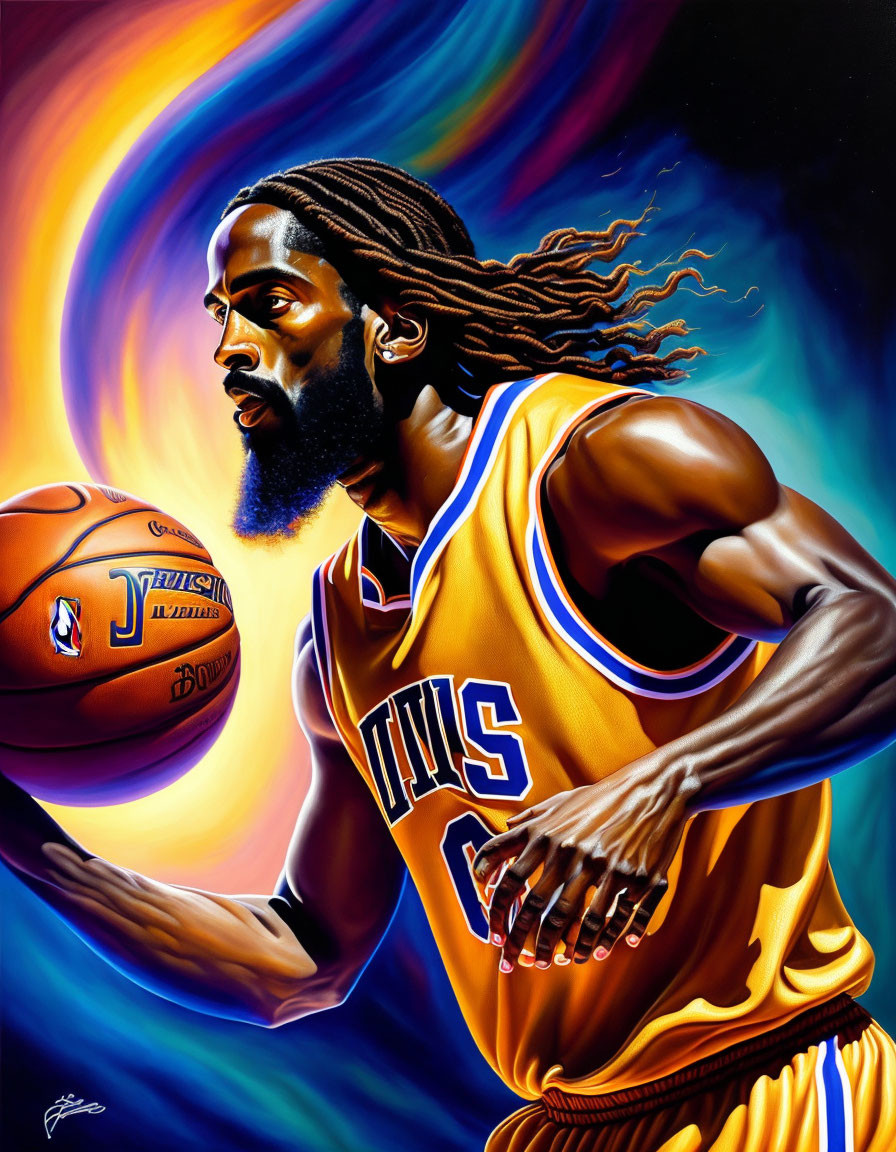 Colorful Basketball Player Artwork in Yellow and Blue Uniform